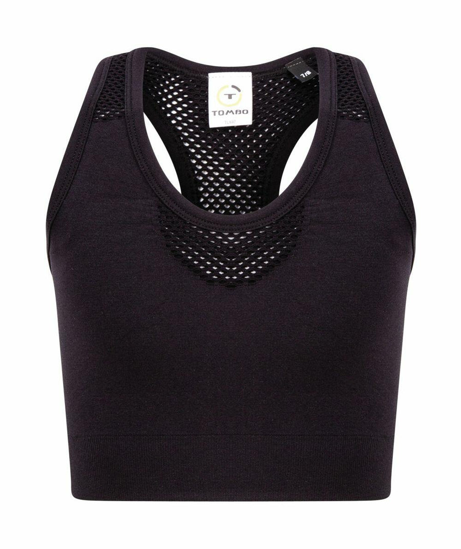 Tombo TL697: A black athletic top featuring sleeveless design and mesh detailing on the shoulders and chest area.