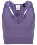 The TL697 sports bra by Tombo features a vibrant purple color with a racerback design and stylish mesh detailing on both the front and back.