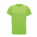 A short-sleeved, bright green T-shirt by Tri-Dri (product: TR010) is displayed against a white background, featuring a simple round neckline with no visible patterns or designs.
