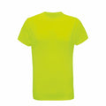 The Tri-Dri TR010 is a plain neon yellow T-shirt featuring short sleeves and a crew neckline, displayed on a white background.