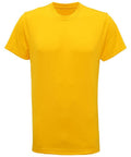 A plain yellow unisex T-shirt, branded as Tri-Dri's TR010, is displayed on a white background. This classic piece features a round neckline and short sleeves, made from smooth fabric for a simple yet timeless design.