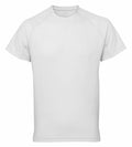 Presenting the Tri-Dri TR011, a short-sleeve white T-shirt featuring a classic round neckline, displayed against a white background.