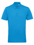 Product TR012 by Tri-Dri features a vibrant blue polo design with a collar and three buttons on the front. This short-sleeved shirt is showcased against a white background.