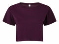 Introducing the Tri-Dri TR019: a simple, dark purple cropped t-shirt, featuring short sleeves and a round neckline.
