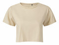 The Tri-Dri TR019 short-sleeve crop top in beige, featuring a round neckline, is displayed against a white background.
