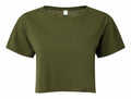 TR019 by Tri-Dri is a short-sleeved, plain olive green crop top displayed on a white background.