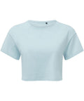 A Tri-Dri TR019 light blue cropped T-shirt features short sleeves and a round neckline on a plain white background.
