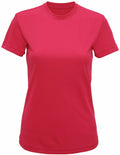 A bright pink T-shirt from Tri-Dri, product TR020, is showcased against a white background. It features a plain design with short sleeves and a crew neckline, maintaining a simple and casual style.