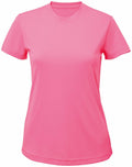The Tri-Dri TR020 is a plain pink T-shirt showcased against a white background. It boasts a round neck and short sleeves, with an uncomplicated, unadorned design.