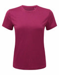 Displayed on a white background is the Tri-Dri TR020, a plain burgundy T-shirt featuring short sleeves and a classic round neckline with a slightly fitted silhouette, perfect for casual wear.