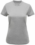 A plain gray T-shirt, labeled as the TR020 from Tri-Dri, features short sleeves and a round neckline against a white background. The fabric appears soft and slightly fitted, with no visible designs or logos.