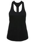 Tri-Dri's TR027 racerback tank top in black, showcased on a plain white background.