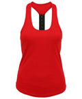 The TR027 Tri-Dri tank top is a red racerback design featuring a black stripe running down the center of the back.