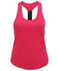 A sleeveless tank top from Tri-Dri, model TR027, in pink with a racerback design and a black vertical stripe running down the center of the back. The fabric is smooth and lightweight.