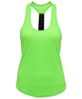 The TR027 by Tri-Dri is a vibrant lime green sleeveless athletic tank top featuring a sleek black T-back strap. Crafted from smooth and lightweight fabric, it's perfect for active wear. It sports a simple, clean front design with a round neckline.