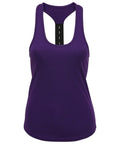 The TR027 by Tri-Dri is a purple racerback tank top featuring black strap detailing on the back, showcased against a white background.