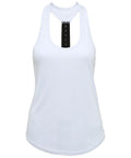 Introducing the TR027 by Tri-Dri – a smooth and lightweight white sleeveless tank top, featuring a racerback design with a distinctive small black strap running vertically down the back.