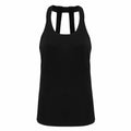 Tri-Dri's model TR028, a black sleeveless tank top with a racerback design, is displayed on a white background.
