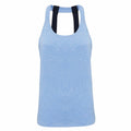 Tri-Dri's TR028 features a light blue sleeveless tank top design with black double straps and a scoop neck, showcased against a white background.