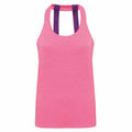 Tri-Dri's TR028 is a pink tank top featuring a sleeveless design, round neckline, and two purple back straps.