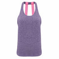 The TR028 by Tri-Dri is a sleeveless athletic tank top with a racerback style, featuring two wide pink straps on the back and a heathered texture in purple.