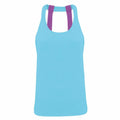 A sleeveless TR028 tank top by Tri-Dri, showcasing a racerback style in turquoise with purple straps, set against a plain white background.