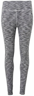 Tri-Dri's TR031 leggings in gray heather feature a fitted design and are shown from the front. The fabric displays a subtle textured pattern with vertical stitching along the seams.