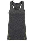 The TR041 athletic tank top by Tri-Dri features a dark gray design with subtle green stitching accents and a sleeveless cut.