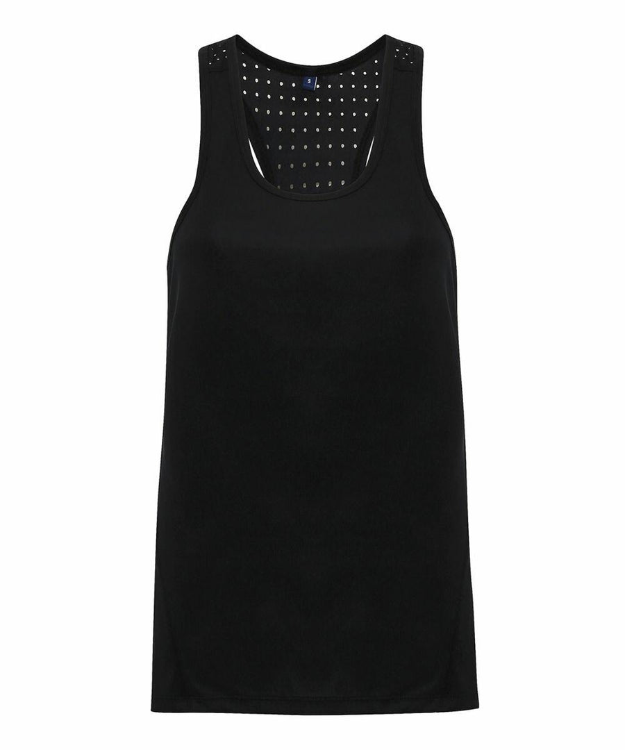 A black sleeveless Tri-Dri TR041 with a rounded neckline and small, evenly spaced perforations on the upper back area.