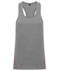 Tri-Dri TR041 gray sleeveless sports tank top with pink stitching accents on the sides, laid flat against a white background.