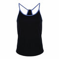 The Tri-Dri TR043 features a black sleeveless top with thin blue straps and a racerback design, showcased against a plain white background.