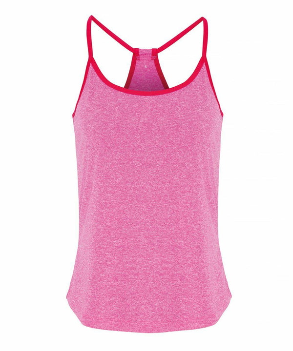 A Tri-Dri TR043 sleeveless pink tank top with red trim and spaghetti straps, featuring a racerback design.