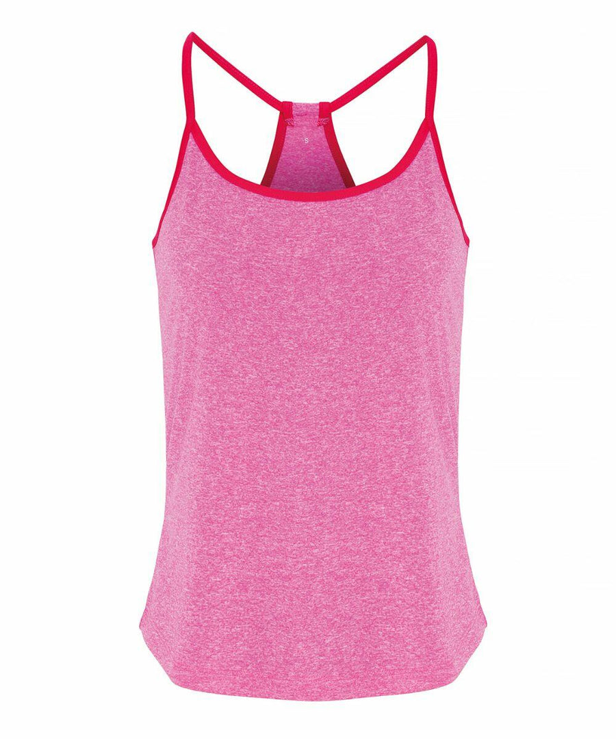 A Tri-Dri TR043 sleeveless pink tank top with red trim and spaghetti straps, featuring a racerback design.