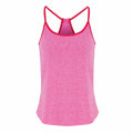 The Tri-Dri TR043 is showcased against a white background, featuring a pink athletic tank top with thin straps and a racerback design. The fabric boasts a subtle heather pattern.