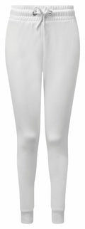 Introducing the TR055 from Tri-Dri: a pair of plain white jogger pants featuring an elastic waistband and drawstring. These joggers offer a tapered fit with ribbed cuffs at the ankles and have a smooth texture, making them perfect for both casual or athletic wear.