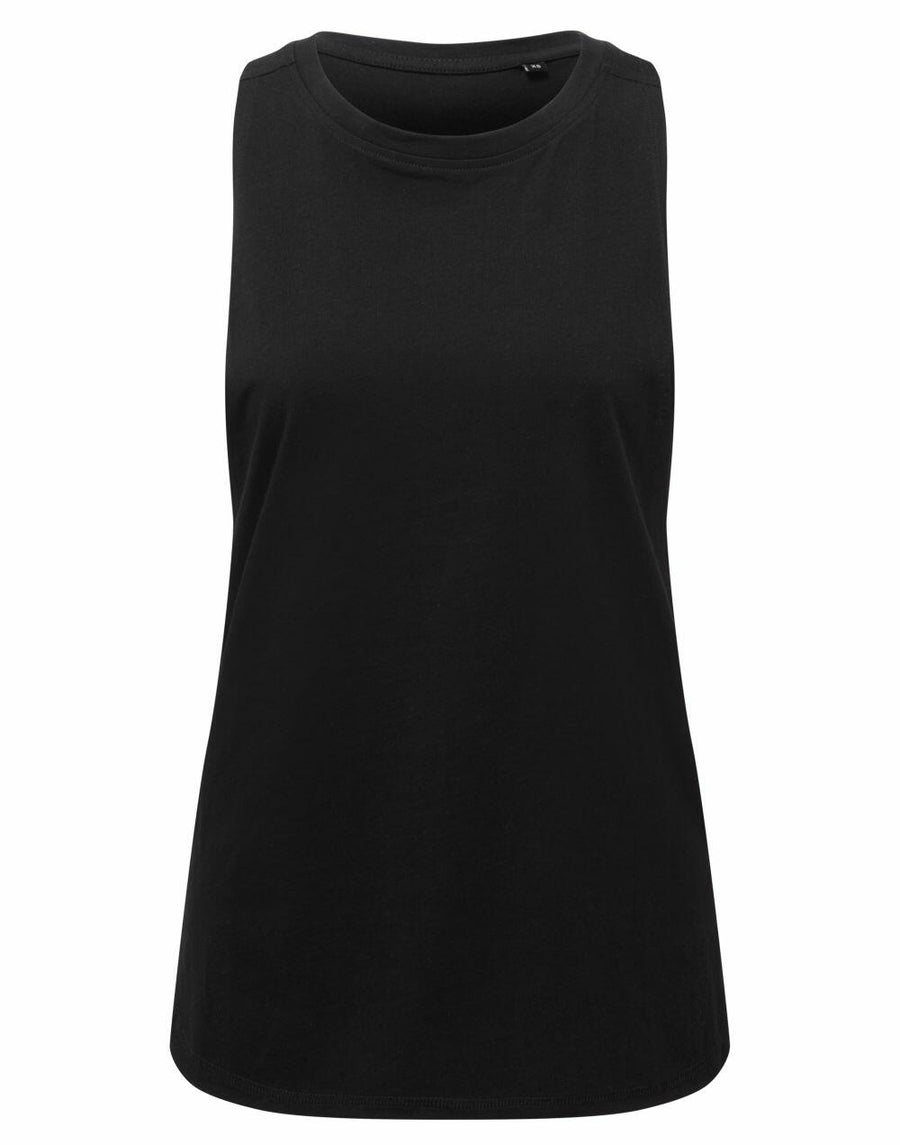 A black Tri-Dri TR061 tank top with a crew neckline and without sleeves.
