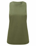 A Tri-Dri TR061 sleeveless olive green tank top with a round neckline, displayed on a plain white background.