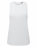 The Tri-Dri TR061 tank top, featuring a plain white design and sleeveless cut with a round neckline, is showcased against a white background. The fabric looks smooth, and the top boasts a simple, clean aesthetic without any visible patterns or logos.