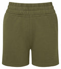 The TR062 shorts by Tri-Dri in olive green feature an elastic waistband and are displayed on a white background. Made from soft fabric, they boast simple stitching down the front for a clean, casual look.