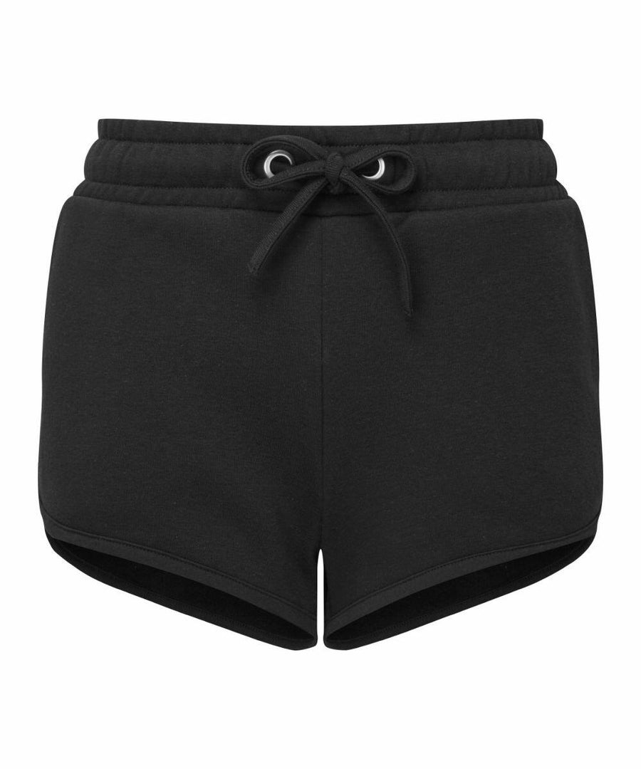 The TR063 black drawstring shorts by Tri-Dri feature an elastic waistband and are displayed against a white background.