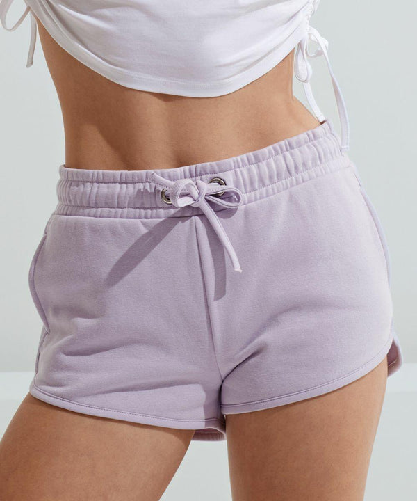Close-up of a person's midsection wearing light purple TR063 drawstring shorts by Tri-Dri and a white top.