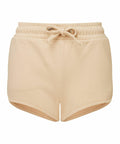 Tri-Dri TR063 shorts in beige feature a drawstring, elastic waistband, and curved hems.