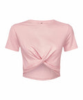 The TR068 by Tri-Dri is a pink crop top featuring short sleeves and a twisted front design.