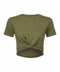Tri-Dri's TR068 is an olive green crop top featuring short sleeves and a twisted front design.