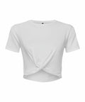 Introducing the TR068 by Tri-Dri: a stylish white crop top featuring short sleeves, a crew neck, and an eye-catching twisted front design.