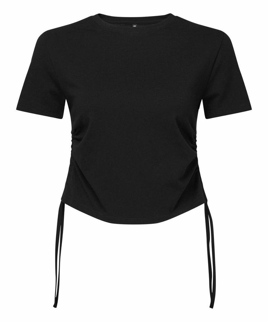 A black short-sleeve TR069 top by Tri-Dri, featuring side drawstrings.