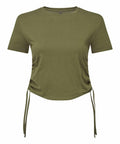 Tri-Dri's TR069 is a green short-sleeve cropped t-shirt featuring adjustable side ties.