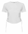 The Tri-Dri TR069 is a white short-sleeve T-shirt that features side ruching and drawstrings, resulting in a gathered effect. It comes with a crew neckline and a fitted silhouette.