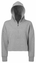 Tri-Dri's TR077 gray sweatshirt features a hood and quarter-length zipper, displayed against a white background.