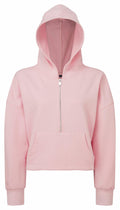 The Tri-Dri TR077 is a pink hoodie featuring a hood, half-zip front, long sleeves, and a kangaroo pocket.